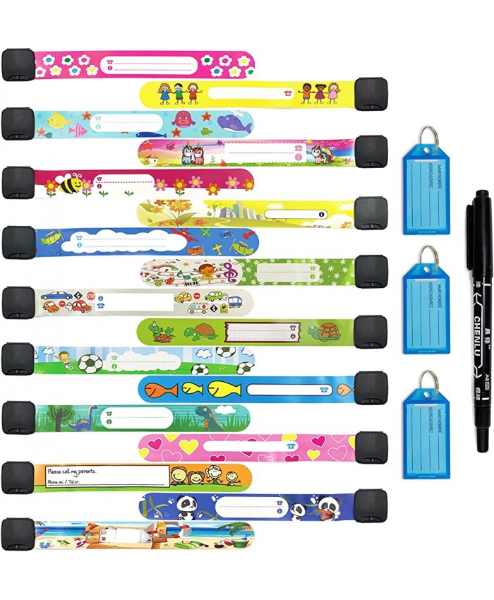 Lot de 21 bracelets d'identification de sécurité pour enfants anti-perte motif de dessin animé manuscrit urgence jardin d'enfants avec stylo résistant à la décoloration et porte-clés - B09YCYKFWMX