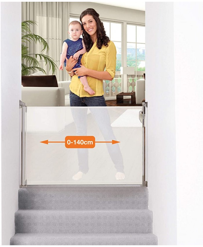 Dreambaby® 0-140cm Barrière de Sécurité Extensible Rétractable pour Portes et Escaliers. Extra-Haute Relocalisable pour une Utilisation à l'Intérieure et à l'Extérieure. Version 2019! Blanc - B07VLHP92X9