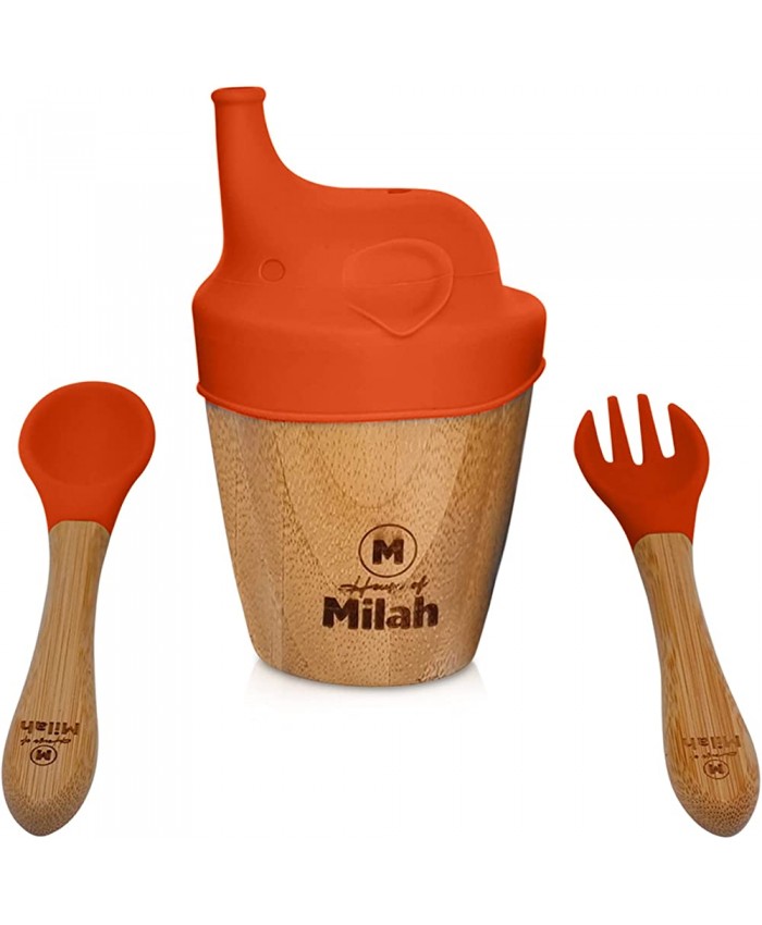 Milah Gobelet en bambou avec couvercle en silicone cuillère et fourchette Embouts en silicone doux incurvés pour les tout-petits et les nourrissons Ensemble idéal pour le sevrage de bébé orange - B0B8XHNMWTJ