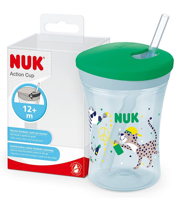 Nuk 10255599 Action Cup Gobelet avec paille réutilisable pour enfants 12 mois couvercle avec fermeture à vissage et paille souple résistant aux fuites et lavable sans BPA 230 ml vert - B099RV5KR8P