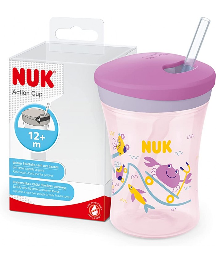 Nuk Tasse d'action pour enfant | 12 mois + | 230 ml | Couvercle rotatif avec paille douce | Anti-fuite | Sans BPA | Crabe violet - B099RX25CHD