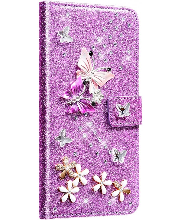 NSSTAR Compatible avec Huawei P40 Pro Coque Cuir Portefeuille Housse Glitter Brillante Diamant Papillon Fleur Motif Flip Case Wallet Coque Rabat Support Stand Housse Magnetique,Violet - B08BQVG1XGC