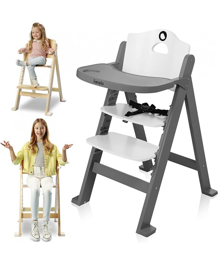 LIONELO Floris chaise haute bébé en bois 3 en 1 chaise haute pliable plateau amovible de 6 à 36 mois ceintures de sécurité à 5 points capacité de charge jusqu'à 15 kg 40 kg GREY - B093C9FL14H