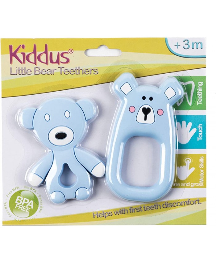 Kiddus 2x anneaux de dentition Bébé 100 % silicone organique sans BPA soulage la douleur des gencives et calme le bébé lors de la poussée de ses premières dents 3M+ Bleu - B07P8TPP5DG